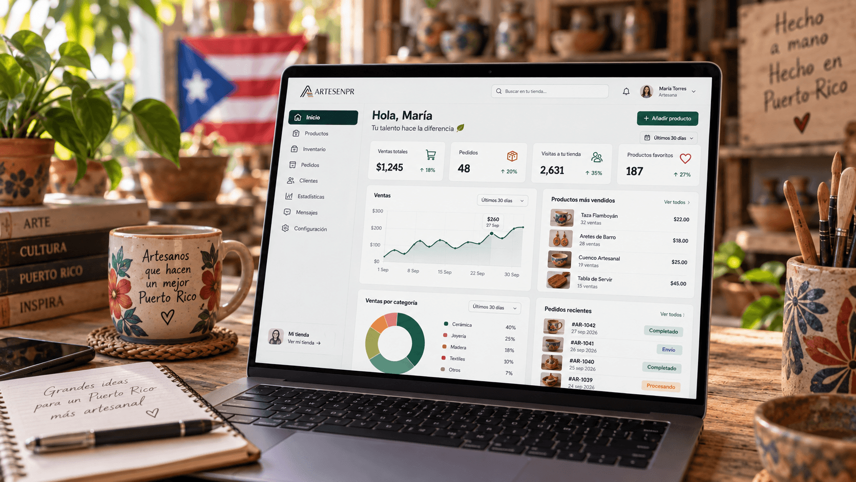 Un taller puertorriqueño con artesanía y un panel de tienda digital en pantalla