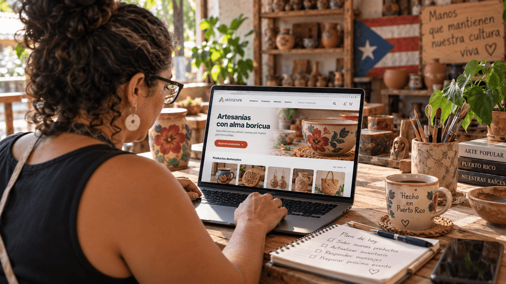 Artesana utilizando su tienda digital desde una computadora en su taller