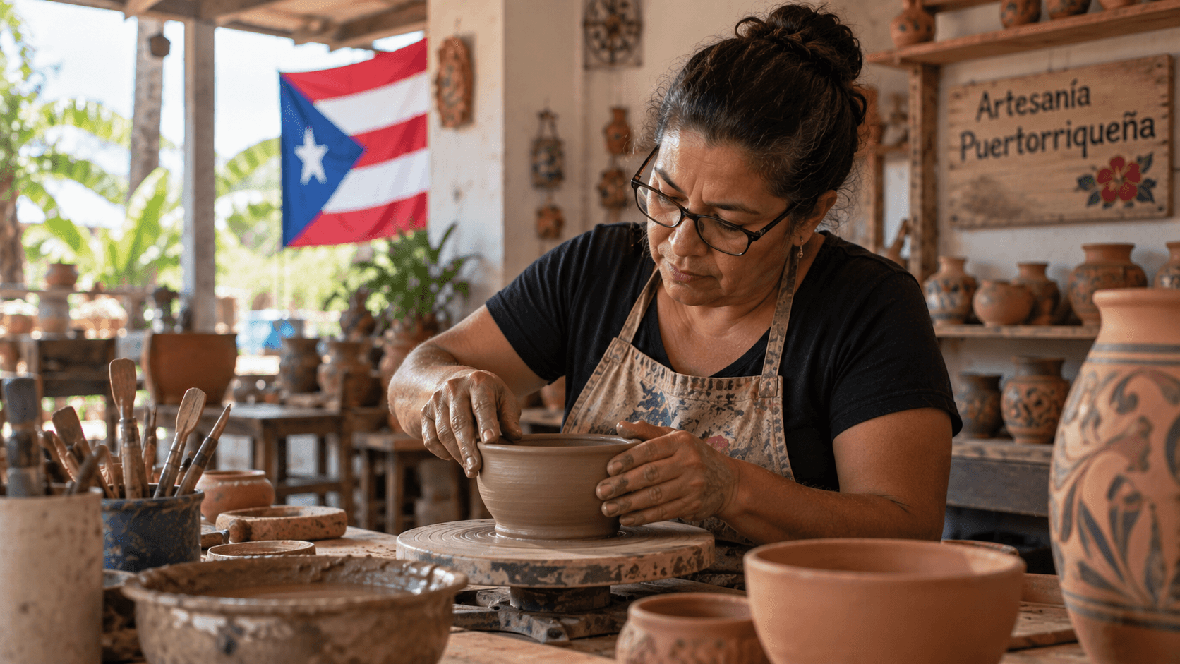 Artesana puertorriqueña modelando una pieza de barro en su taller