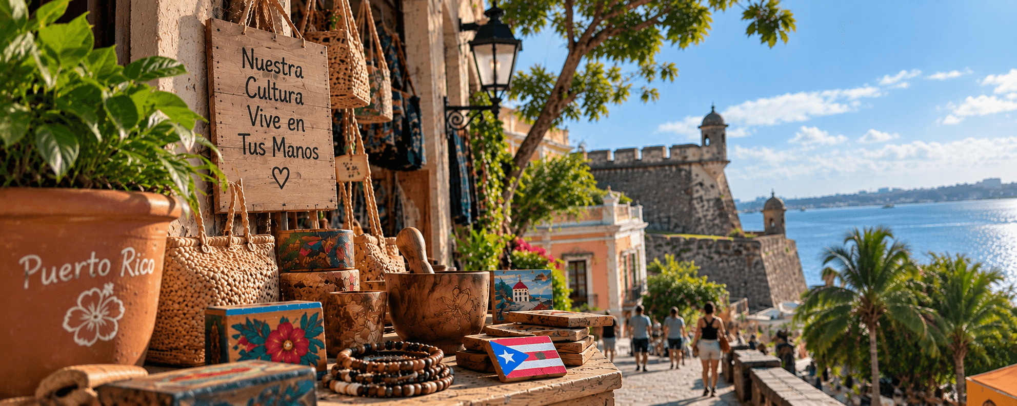 Artesanía puertorriqueña en un mercado junto al mar en el Viejo San Juan